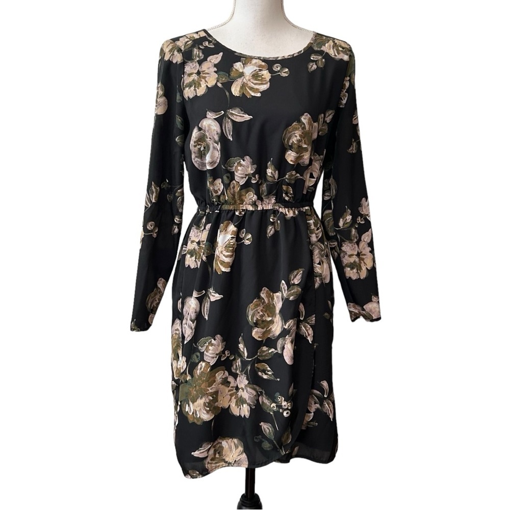 J. Crew Long Sleeve Tulip Faux Wrap Skirt Career Dress‎ Women’s Sz 4 Black Print